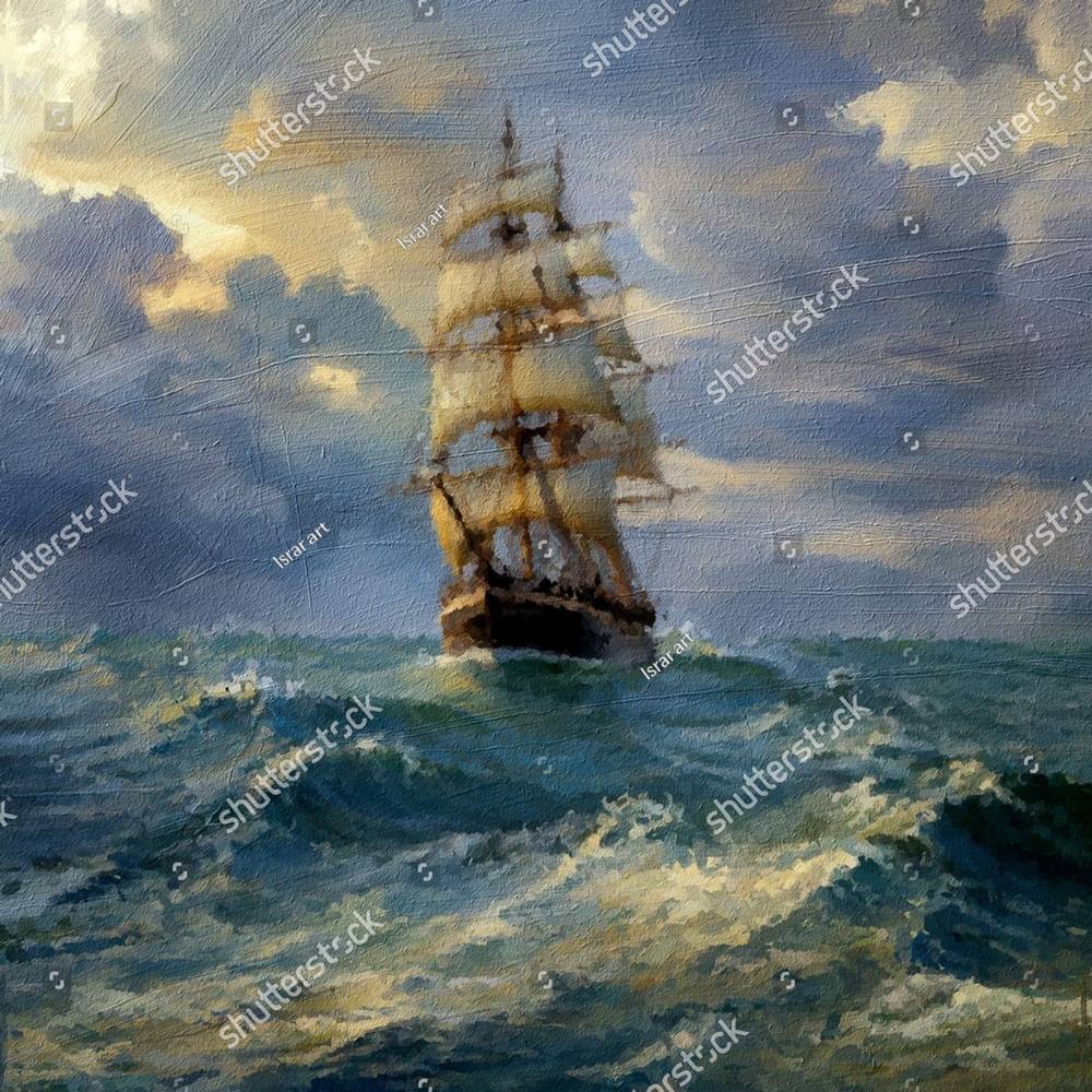 A painting of a tall ship sailing through stormy waves