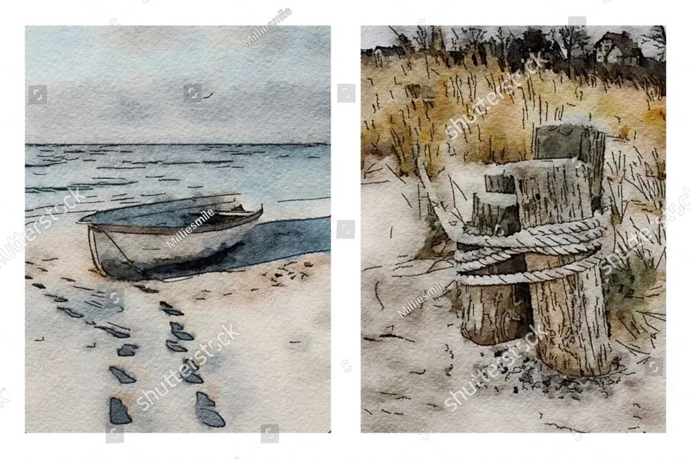 A wooden boat on the sand beside a weathered post tied with rope
