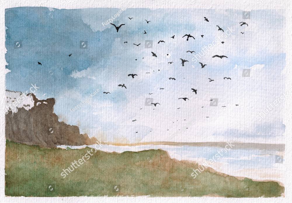 A watercolour of birds flying over a quiet coastline