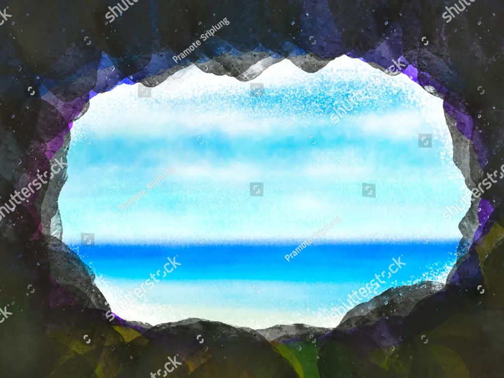 A calm blue sea seen through an opening in a dark cave
