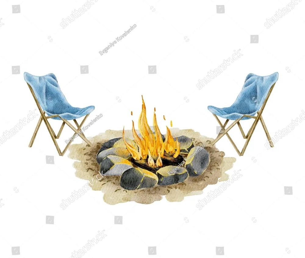 Two camp chairs facing each other beside a campfire