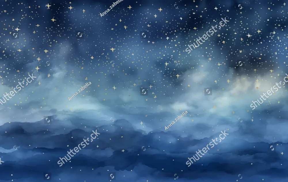 A starry night sky above soft blue clouds