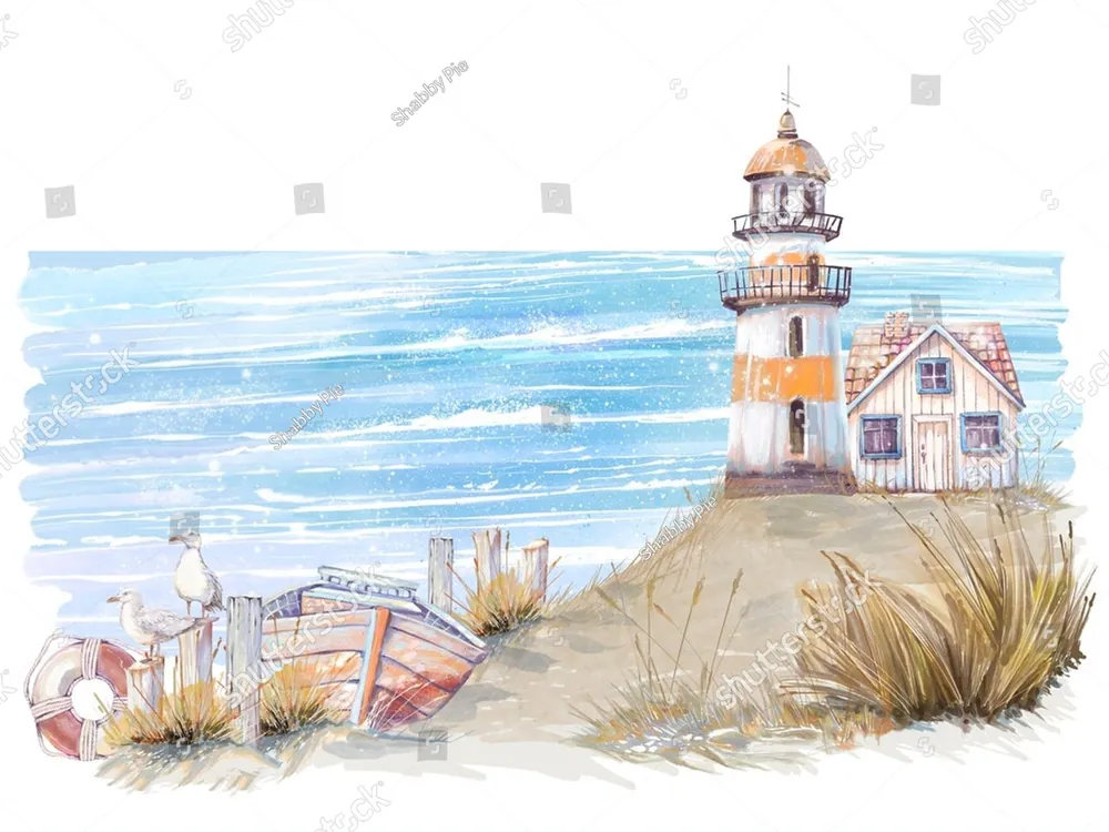 A watercolour lighthouse on a rocky shore