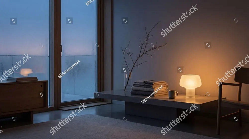 A lamp glowing in a quiet room beside a large window