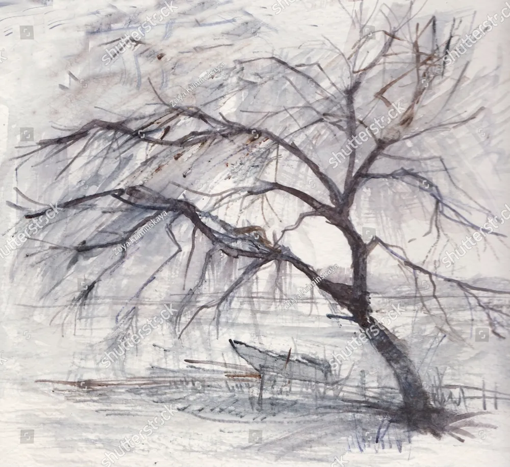 A sketch of a bare tree bending in the wind