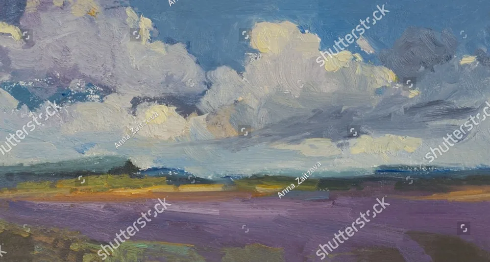 A painting of clouds over a field of lavender