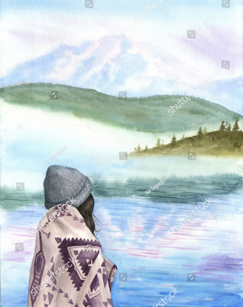 A watercolour of a woman wrapped in a blanket looking out over a lake