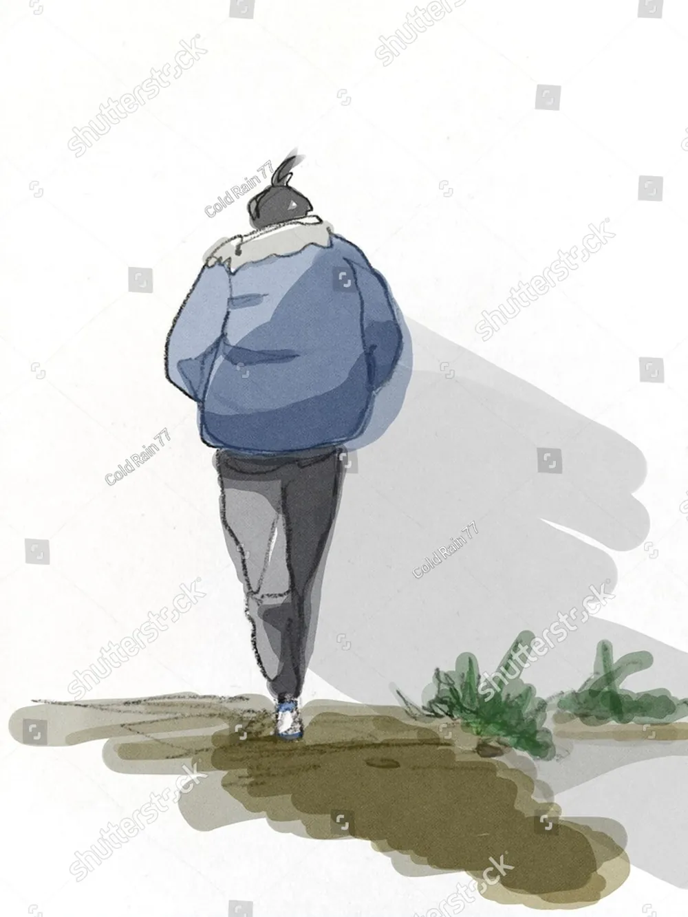 A sketch of a person in a blue jacket walking alone