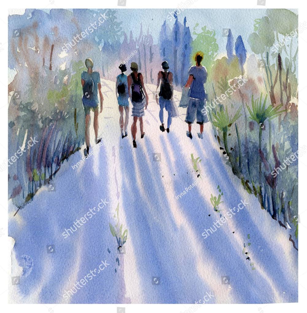 A watercolour of four friends walking together down a snowy path