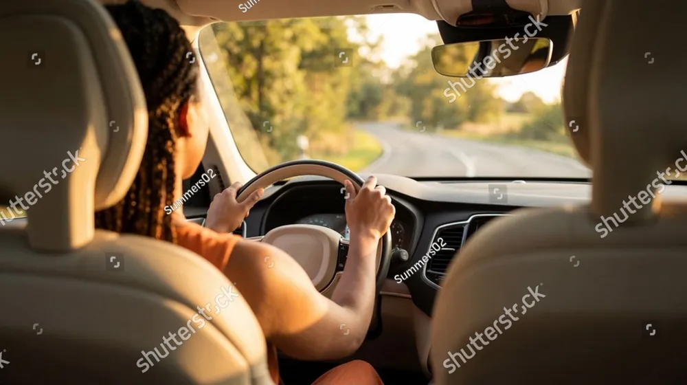 A woman holding the steering wheel as she drives